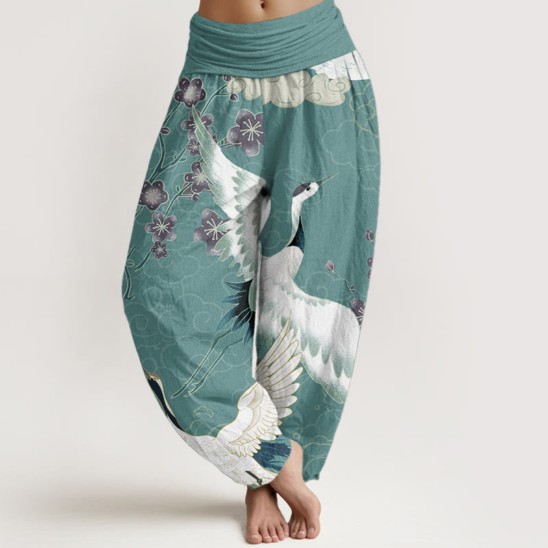 Pantaloni harem da donna in cotone con elastico in vita, motivo Buddha Stones, Gru, Fiori e Nuvole di Buon Auspicio