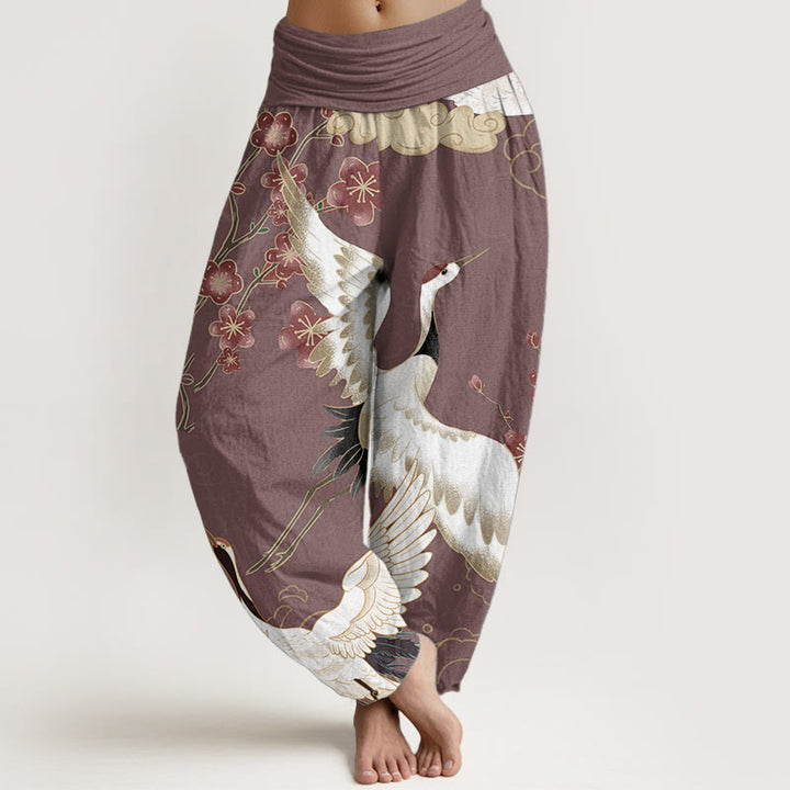 Pantaloni harem da donna in cotone con elastico in vita, motivo Buddha Stones, Gru, Fiori e Nuvole di Buon Auspicio