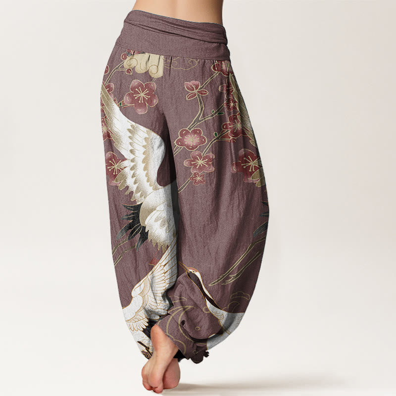 Pantaloni harem da donna in cotone con elastico in vita, motivo Buddha Stones, Gru, Fiori e Nuvole di Buon Auspicio