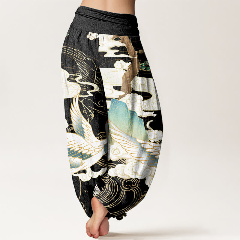 Pantaloni harem da donna in cotone con elastico in vita, motivo : Buddha Stones, gru volanti, nuvole di buon auspicio, albero