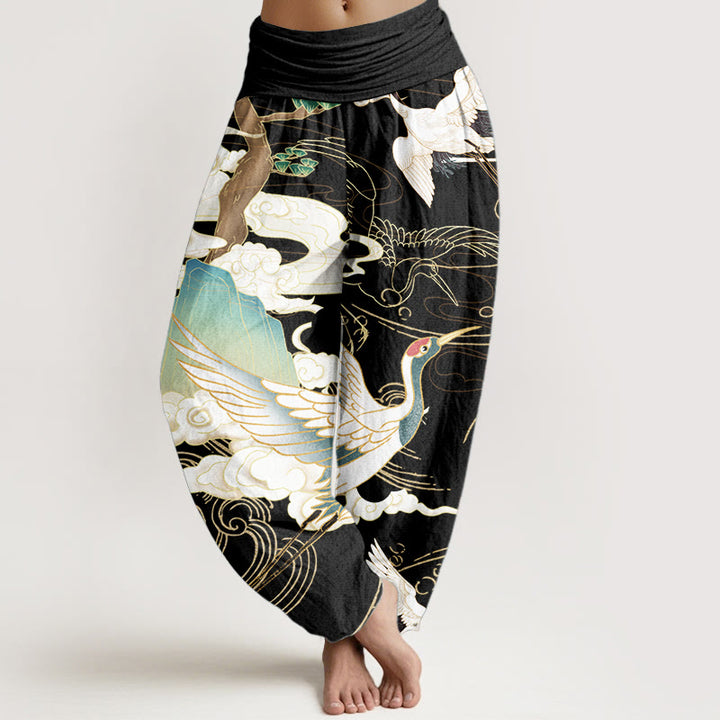 Pantaloni harem da donna in cotone con elastico in vita, motivo : Buddha Stones, gru volanti, nuvole di buon auspicio, albero