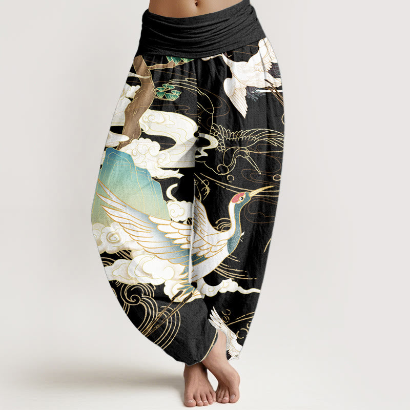 Pantaloni harem da donna in cotone con elastico in vita, motivo : Buddha Stones, gru volanti, nuvole di buon auspicio, albero - Nero - US22, UK/AU26, EU54 (6XL) - image 0