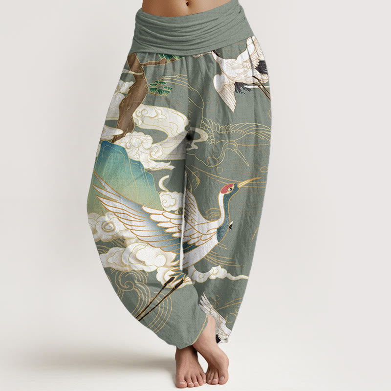 Pantaloni harem da donna in cotone con elastico in vita, motivo : Buddha Stones, gru volanti, nuvole di buon auspicio, albero