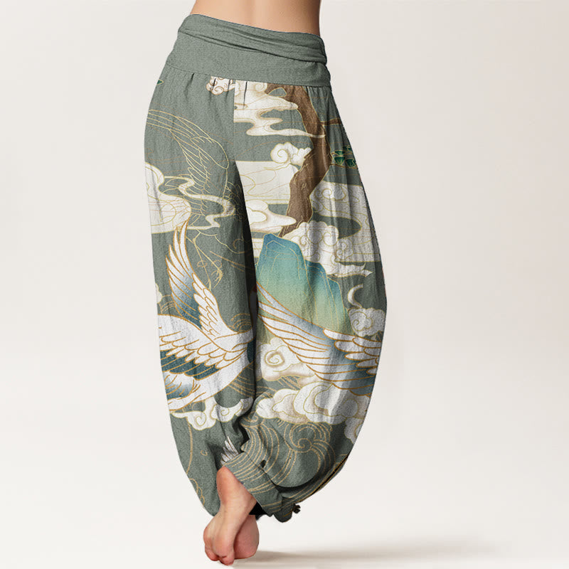 Pantaloni harem da donna in cotone con elastico in vita, motivo : Buddha Stones, gru volanti, nuvole di buon auspicio, albero