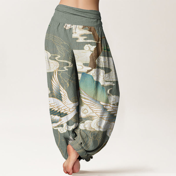 Pantaloni harem da donna in cotone con elastico in vita, motivo : Buddha Stones, gru volanti, nuvole di buon auspicio, albero