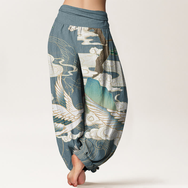 Pantaloni harem da donna in cotone con elastico in vita, motivo : Buddha Stones, gru volanti, nuvole di buon auspicio, albero