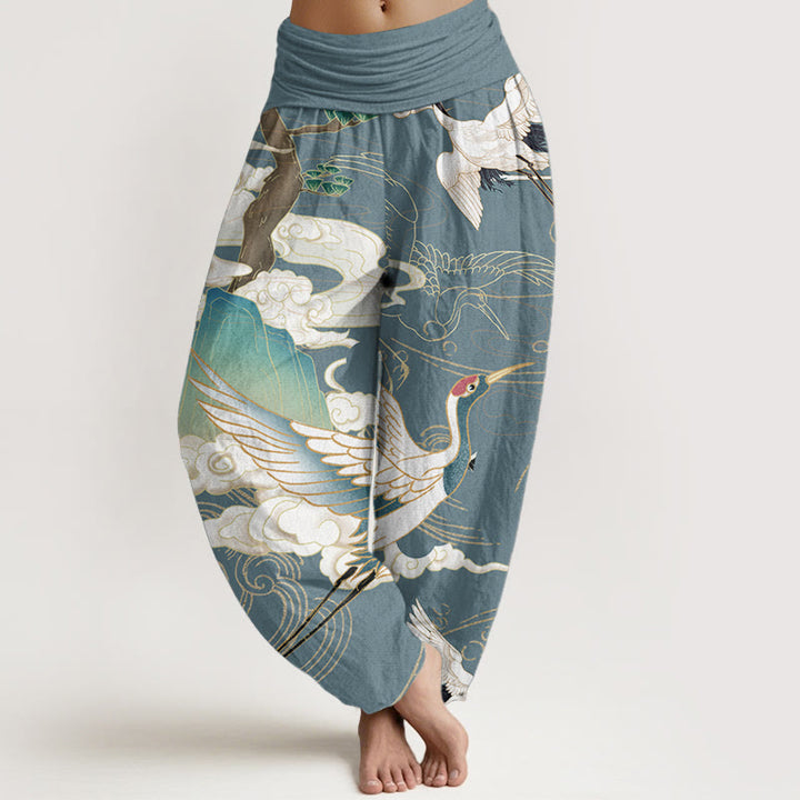 Pantaloni harem da donna in cotone con elastico in vita, motivo : Buddha Stones, gru volanti, nuvole di buon auspicio, albero