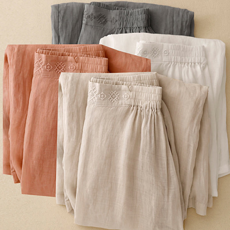 Pantaloni larghi da donna in cotone e lino con tasche, con elastico in vita e ricamo geometrico Buddha Stones - image 1