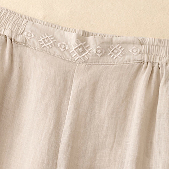 Pantaloni larghi da donna in cotone e lino con tasche, con elastico in vita e ricamo geometrico Buddha Stones - image 13