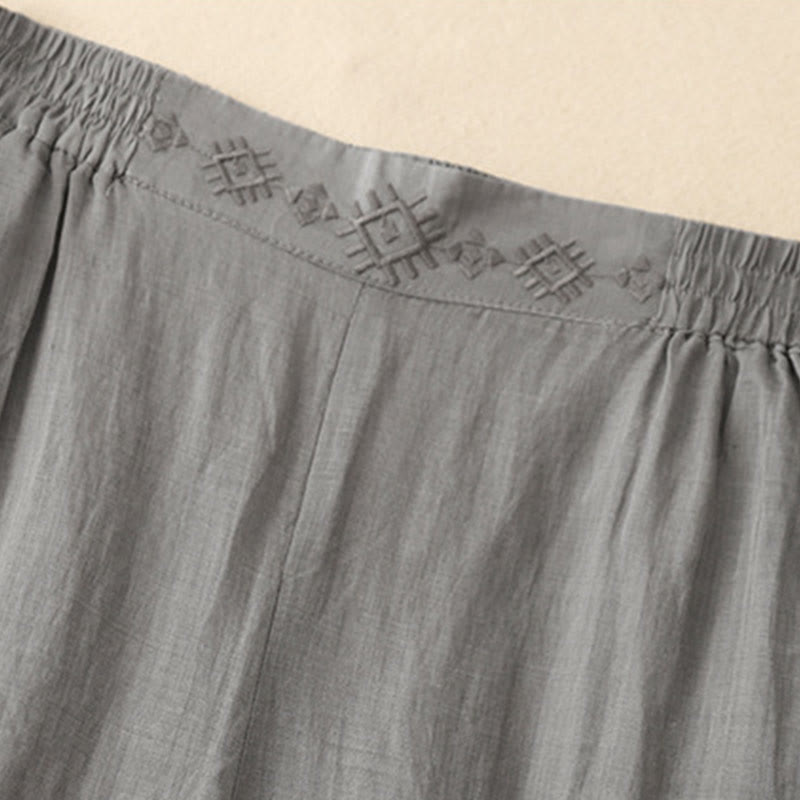 Pantaloni larghi da donna in cotone e lino con tasche, con elastico in vita e ricamo geometrico Buddha Stones - image 7