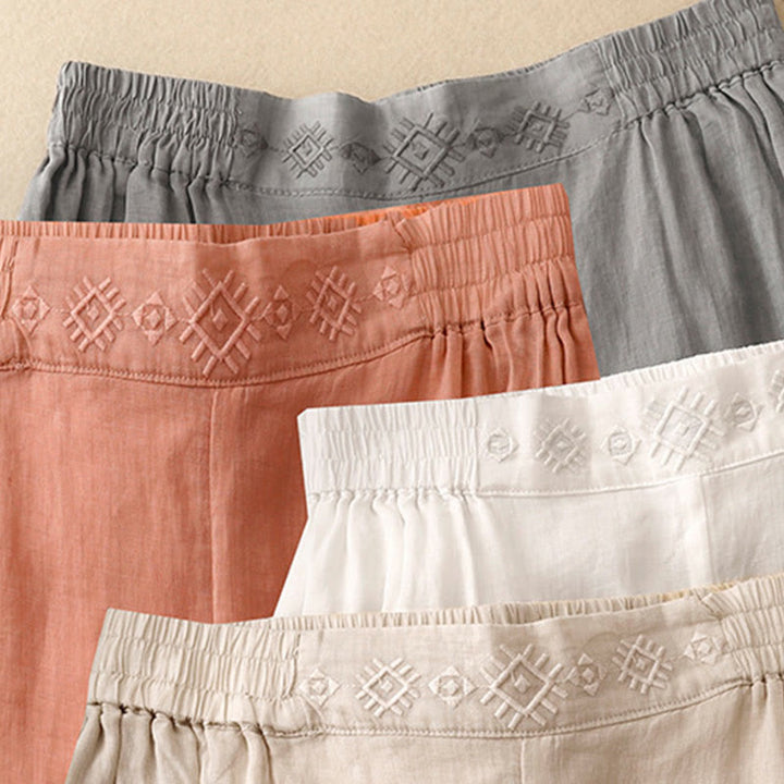 Pantaloni larghi da donna in cotone e lino con tasche, con elastico in vita e ricamo geometrico Buddha Stones - image 26