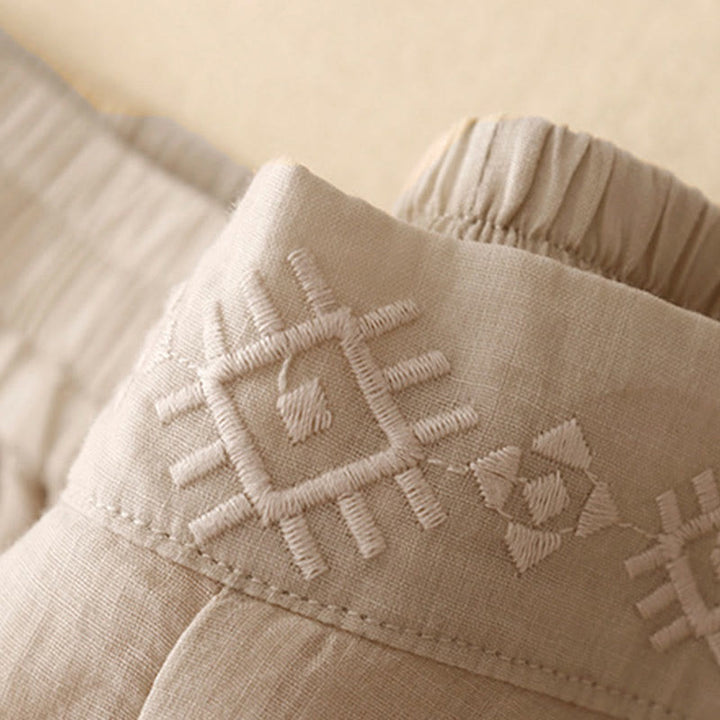 Pantaloni larghi da donna in cotone e lino con tasche, con elastico in vita e ricamo geometrico Buddha Stones - image 15