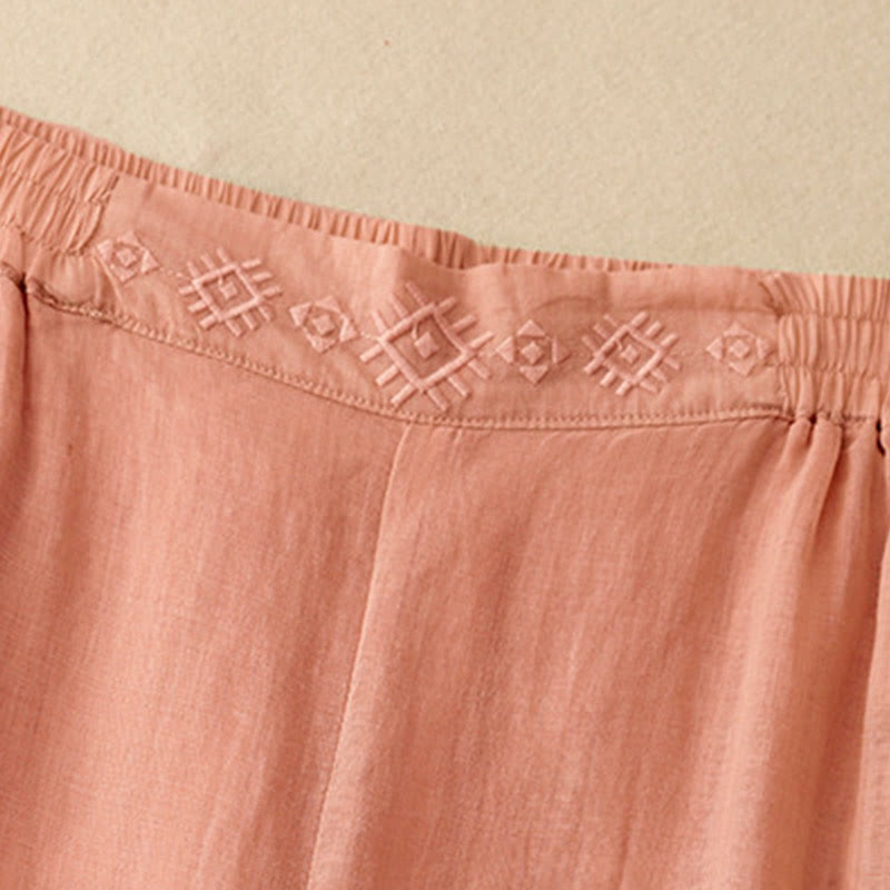 Pantaloni larghi da donna in cotone e lino con tasche, con elastico in vita e ricamo geometrico Buddha Stones - image 2