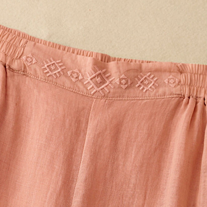 Pantaloni larghi da donna in cotone e lino con tasche, con elastico in vita e ricamo geometrico Buddha Stones - image 2