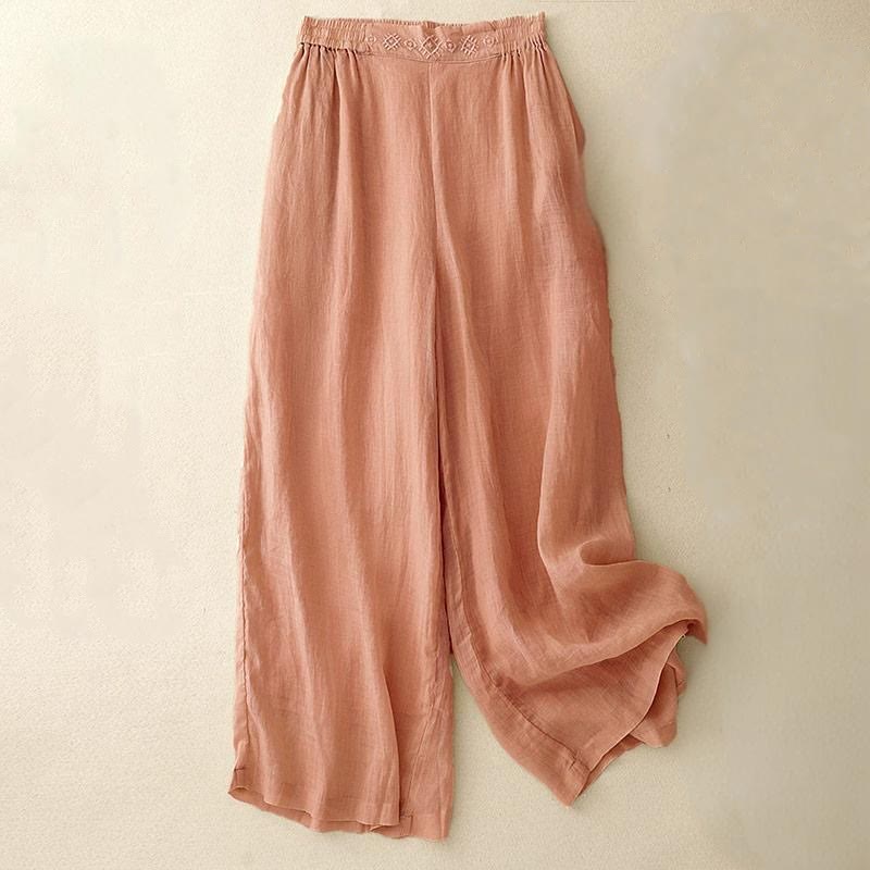 Pantaloni larghi da donna in cotone e lino con tasche, con elastico in vita e ricamo geometrico Buddha Stones - Salmone chiaro - US8-10, UK/AU12-14, EU40-42 (2XL) - image 0