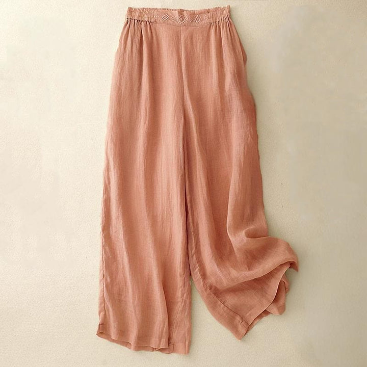 Pantaloni larghi da donna in cotone e lino con tasche, con elastico in vita e ricamo geometrico Buddha Stones - Salmone chiaro - US8-10, UK/AU12-14, EU40-42 (2XL) - image 0