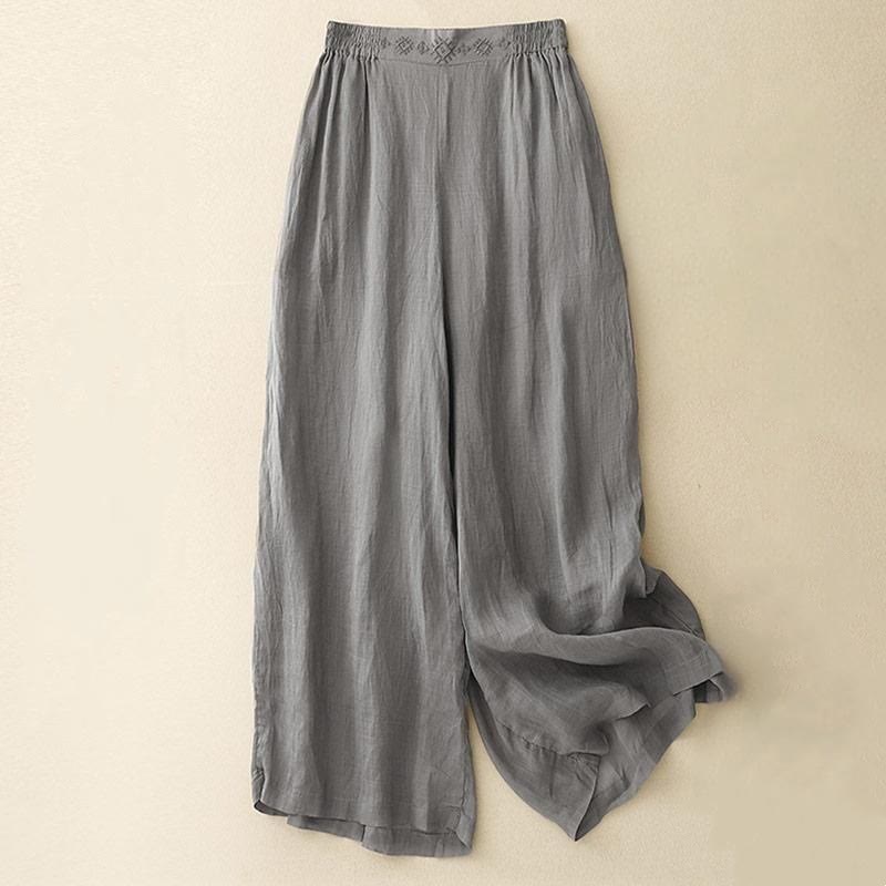 Pantaloni larghi da donna in cotone e lino con tasche, con elastico in vita e ricamo geometrico Buddha Stones - Grigio - US8-10, UK/AU12-14, EU40-42 (2XL) - image 6