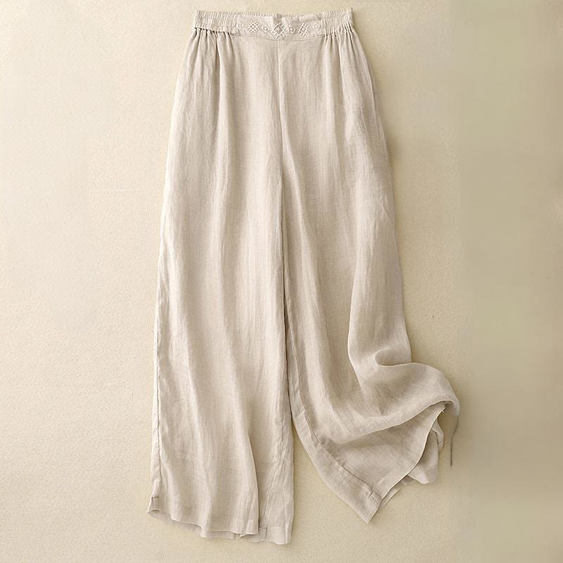Pantaloni larghi da donna in cotone e lino con tasche, con elastico in vita e ricamo geometrico Buddha Stones - Beige - US8-10, UK/AU12-14, EU40-42 (2XL) - image 11