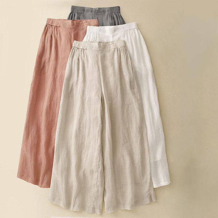 Pantaloni larghi da donna in cotone e lino con tasche, con elastico in vita e ricamo geometrico Buddha Stones - image 25