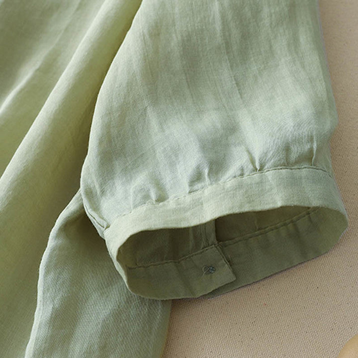 Camicia da donna in lino e cotone a mezza manica con scollo a V, ricamo a stella cadente Buddha Stones