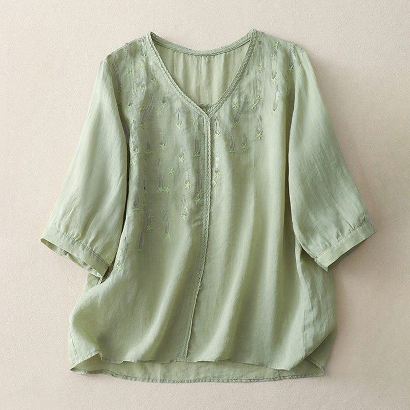 Camicia da donna in lino e cotone a mezza manica con scollo a V, ricamo a stella cadente Buddha Stones