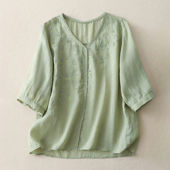 Camicia da donna in lino e cotone a mezza manica con scollo a V, ricamo a stella cadente Buddha Stones