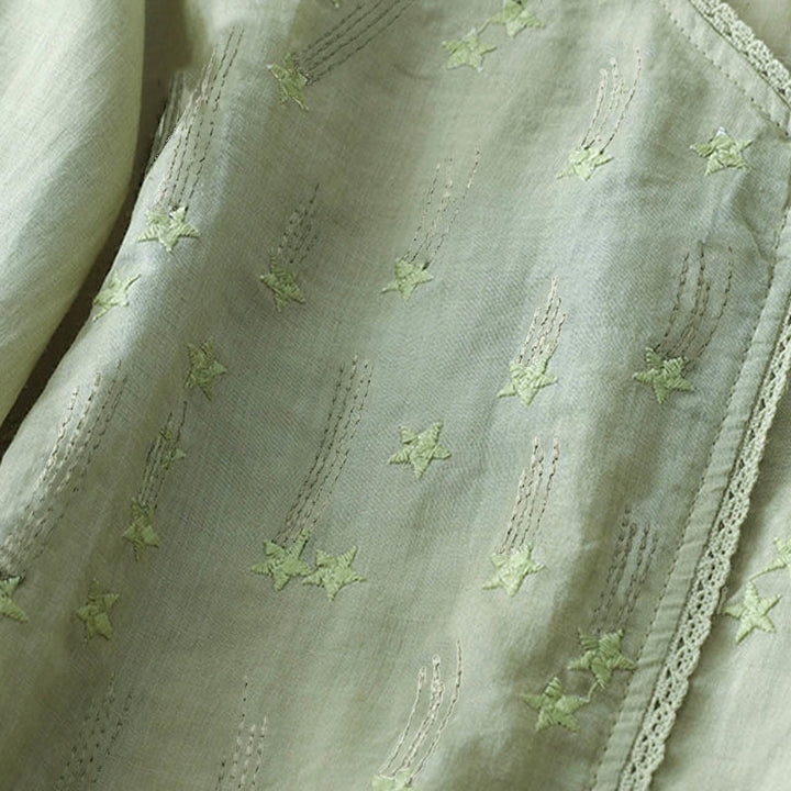 Camicia da donna in lino e cotone a mezza manica con scollo a V, ricamo a stella cadente Buddha Stones