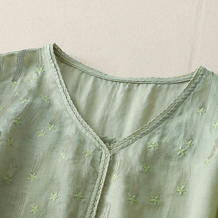 Camicia da donna in lino e cotone a mezza manica con scollo a V, ricamo a stella cadente Buddha Stones
