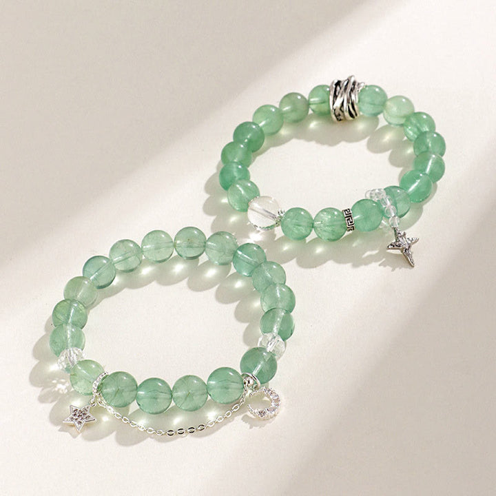 Bracciale con perle di fluorite verde, luna e stella della pace, Buddha Stones