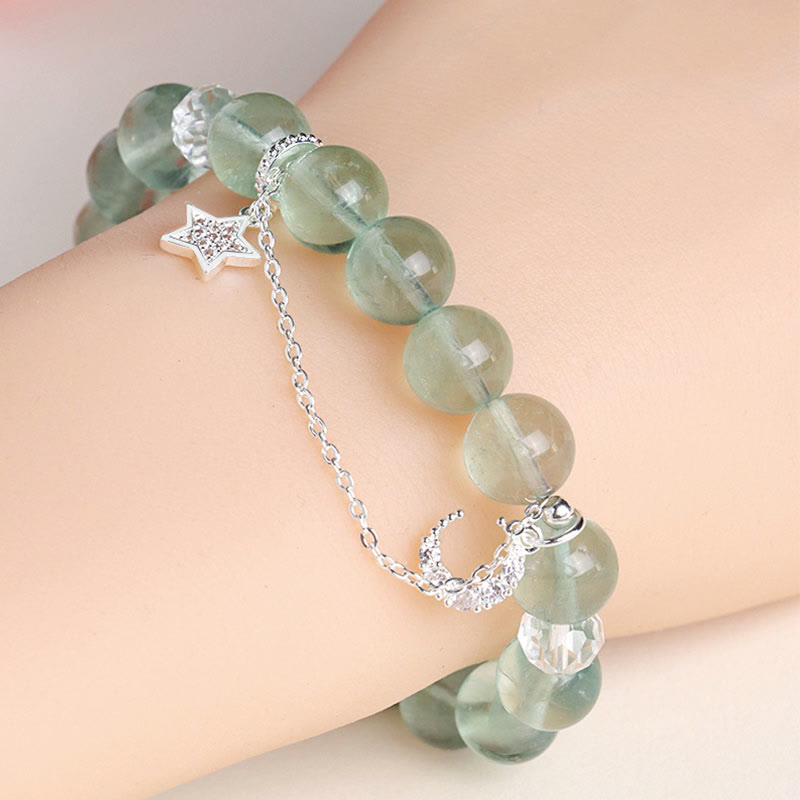 Bracciale con perle di fluorite verde, luna e stella della pace, Buddha Stones