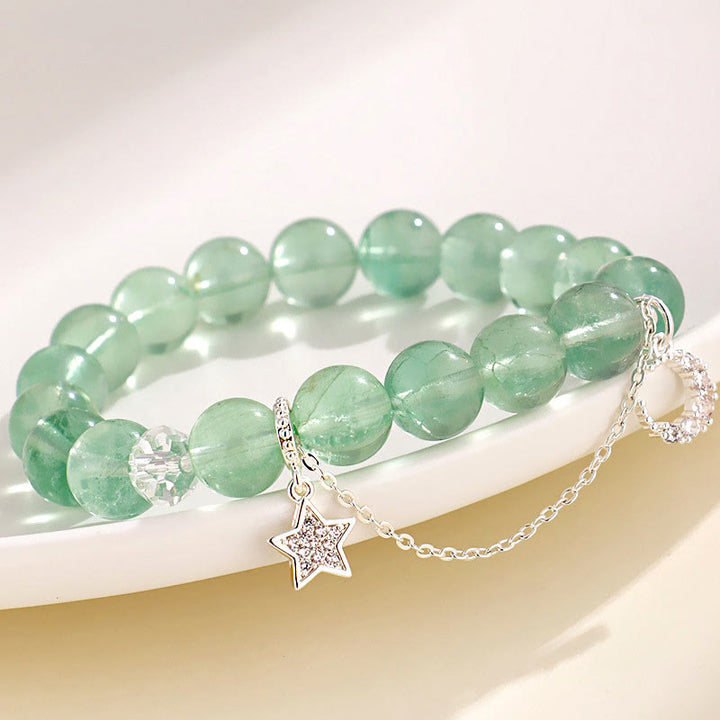 Bracciale con perle di fluorite verde, luna e stella della pace, Buddha Stones