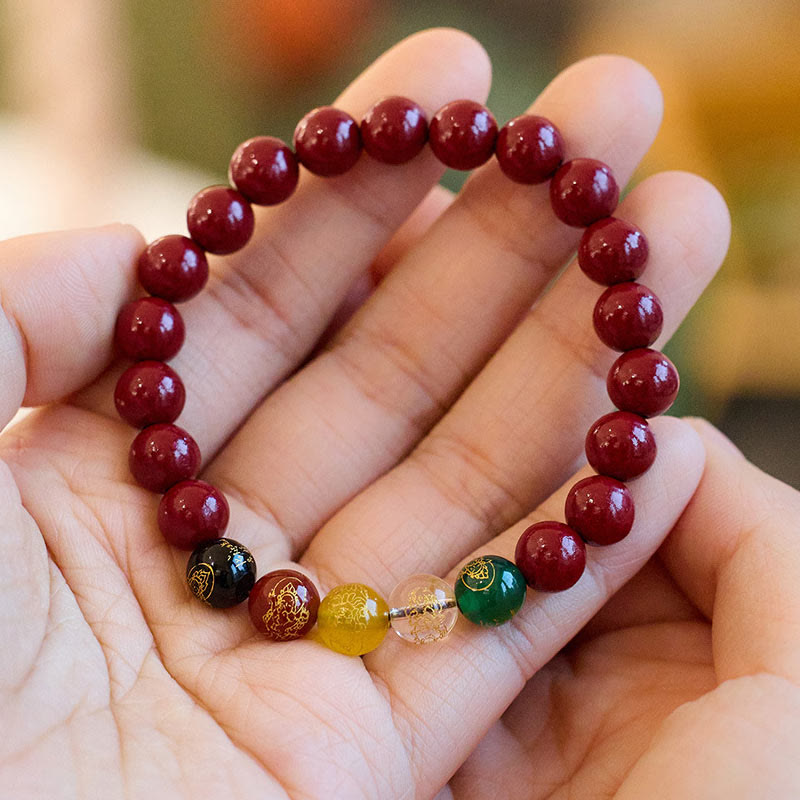 Braccialetto di benedizione delle cinque direzioni degli dei della ricchezza con Buddha Stones e agata cinabro