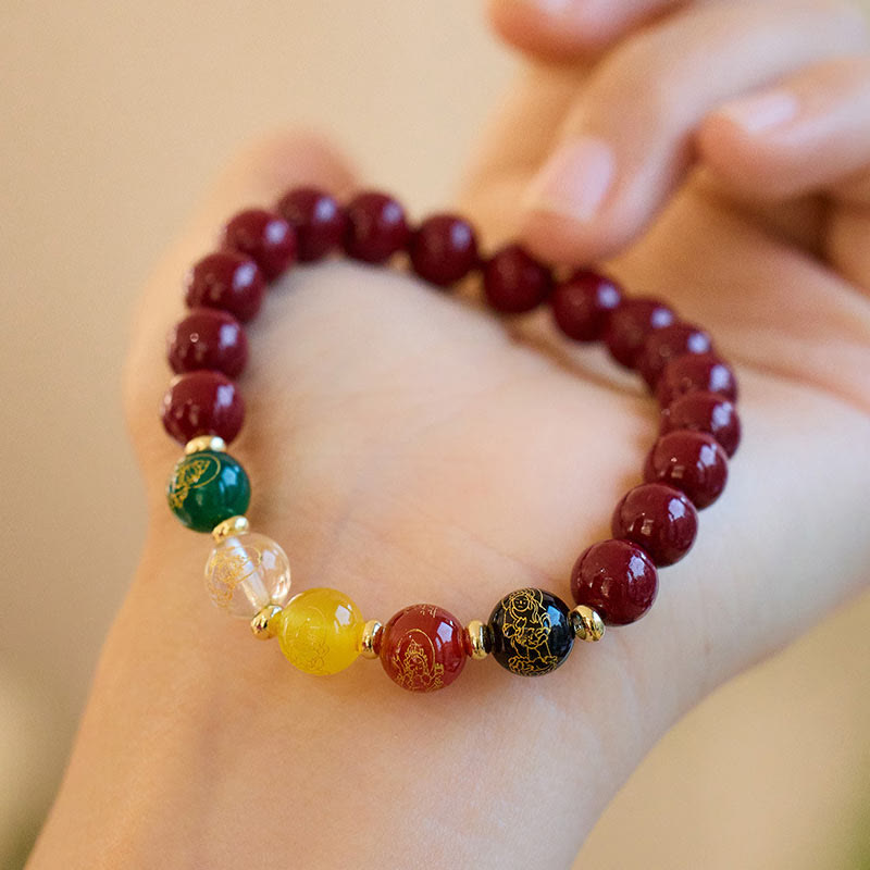 Braccialetto di benedizione delle cinque direzioni degli dei della ricchezza con Buddha Stones e agata cinabro