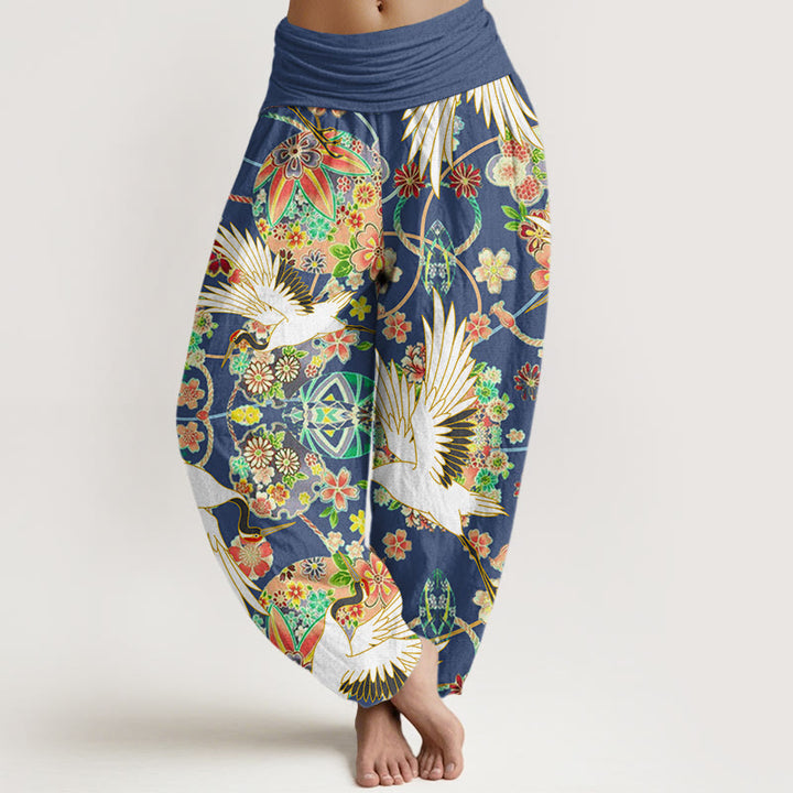 Pantaloni harem da donna con elastico in vita, motivo geometrico floreale e motivo a gru in cotone casual Buddha Stones - Blu reale - US22, UK/AU26, EU54 (6XL) - image 0