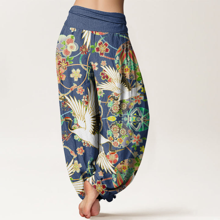 Pantaloni harem da donna con elastico in vita, motivo geometrico floreale e motivo a gru in cotone casual Buddha Stones - image 1