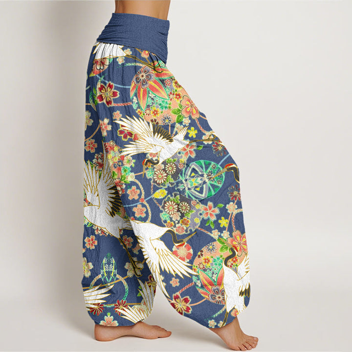 Pantaloni harem da donna con elastico in vita, motivo geometrico floreale e motivo a gru in cotone casual Buddha Stones - image 2