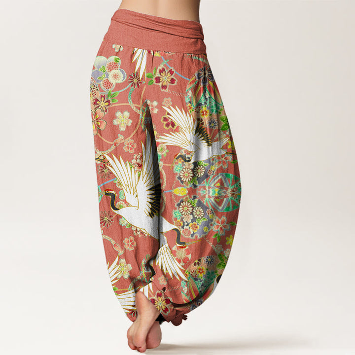 Pantaloni harem da donna con elastico in vita, motivo geometrico floreale e motivo a gru in cotone casual Buddha Stones - image 5