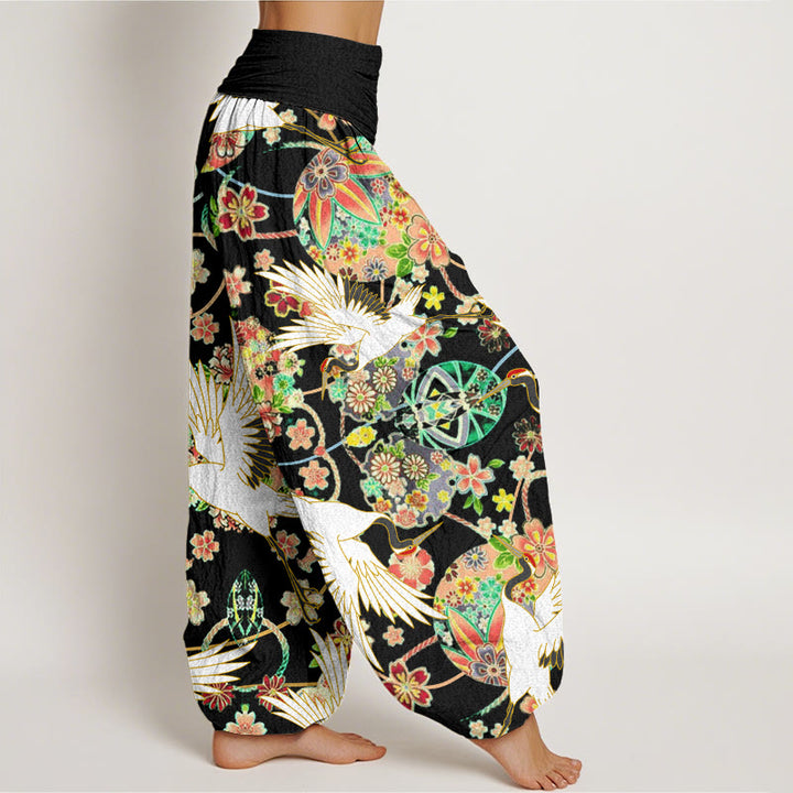 Pantaloni harem da donna con elastico in vita, motivo geometrico floreale e motivo a gru in cotone casual Buddha Stones - image 9