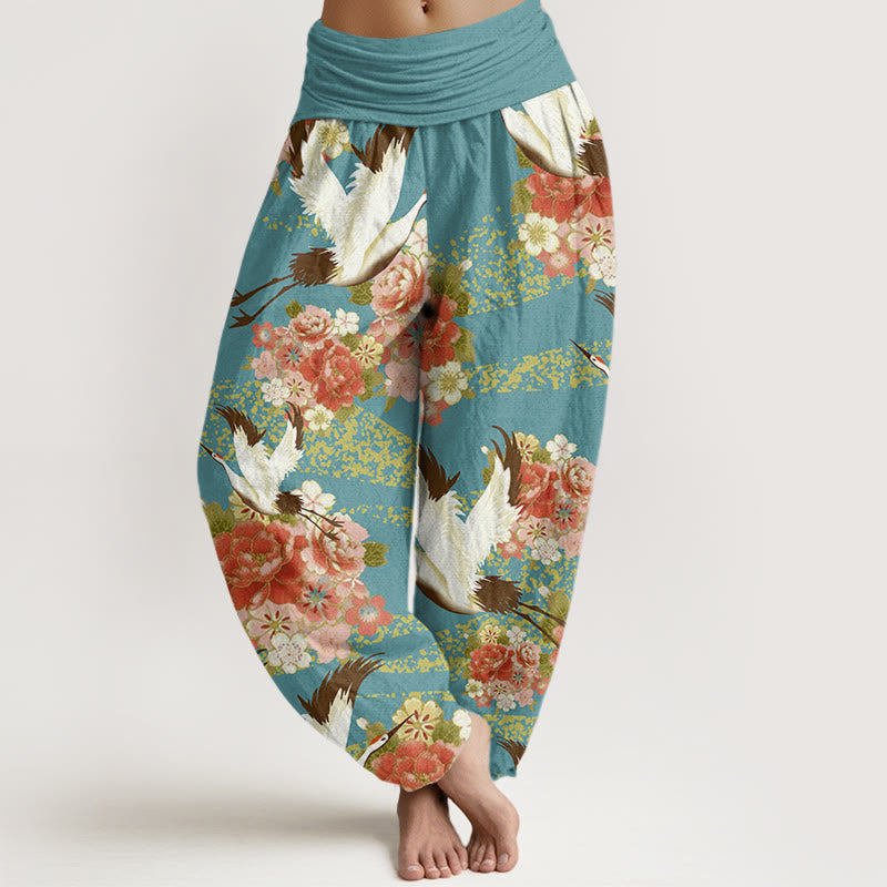 Pantaloni harem da donna con elastico in vita, motivo Buddha Stones, gru, peonia e fiori di ciliegio - Turchese medio - US22, UK/AU26, EU54 (6XL) - image 1