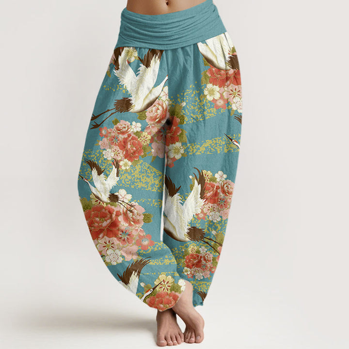 Pantaloni harem da donna con elastico in vita, motivo Buddha Stones, gru, peonia e fiori di ciliegio - Turchese medio - US22, UK/AU26, EU54 (6XL) - image 1