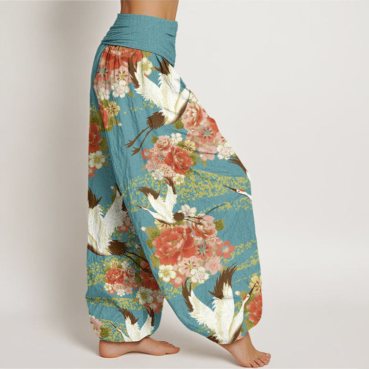 Pantaloni harem da donna con elastico in vita, motivo Buddha Stones, gru, peonia e fiori di ciliegio - image 3