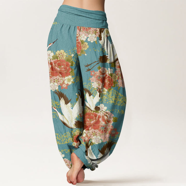 Pantaloni harem da donna con elastico in vita, motivo Buddha Stones, gru, peonia e fiori di ciliegio - image 2