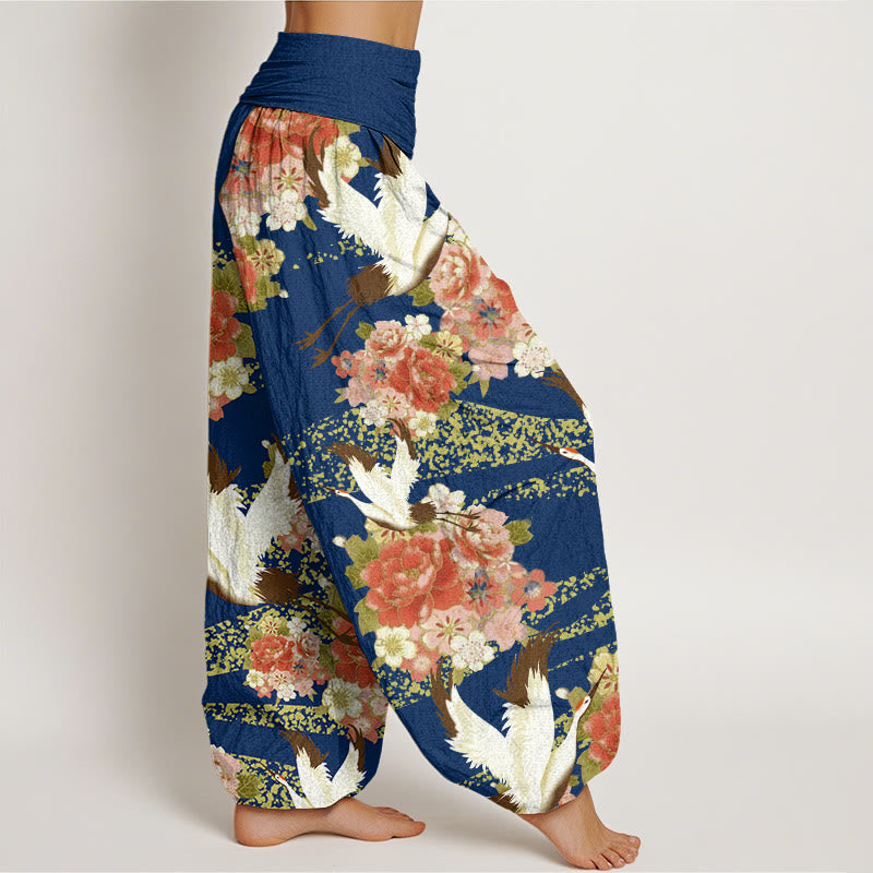 Pantaloni harem da donna con elastico in vita, motivo Buddha Stones, gru, peonia e fiori di ciliegio - image 7