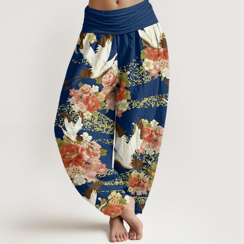 Pantaloni harem da donna con elastico in vita, motivo Buddha Stones, gru, peonia e fiori di ciliegio - Blu scuro - US22, UK/AU26, EU54 (6XL) - image 5