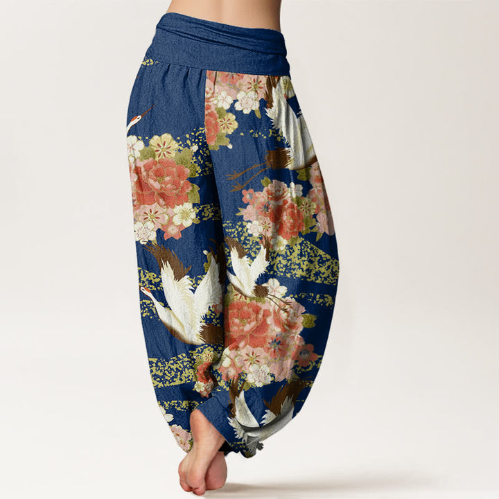 Pantaloni harem da donna con elastico in vita, motivo Buddha Stones, gru, peonia e fiori di ciliegio - image 6