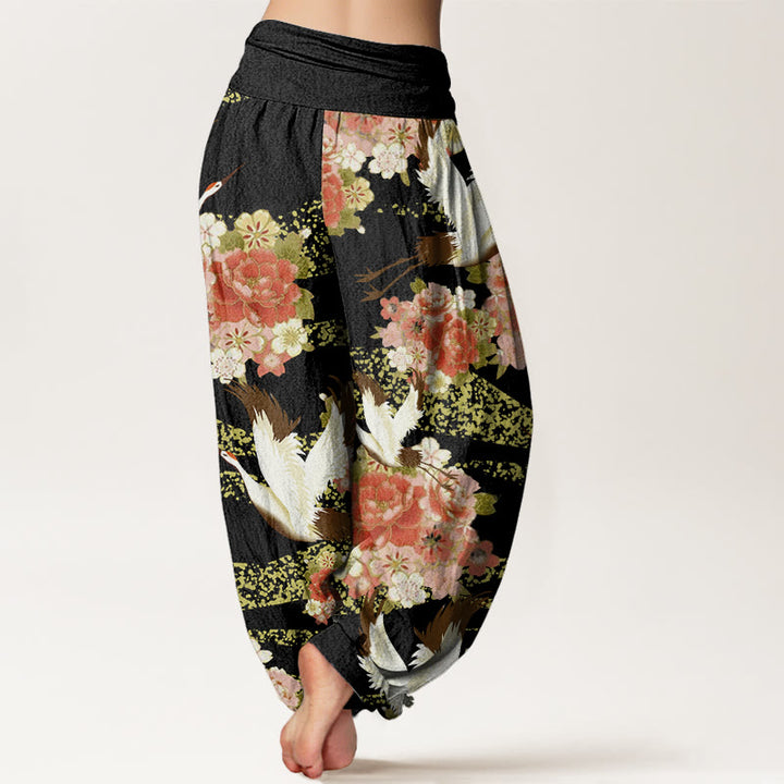 Pantaloni harem da donna con elastico in vita, motivo Buddha Stones, gru, peonia e fiori di ciliegio - image 9