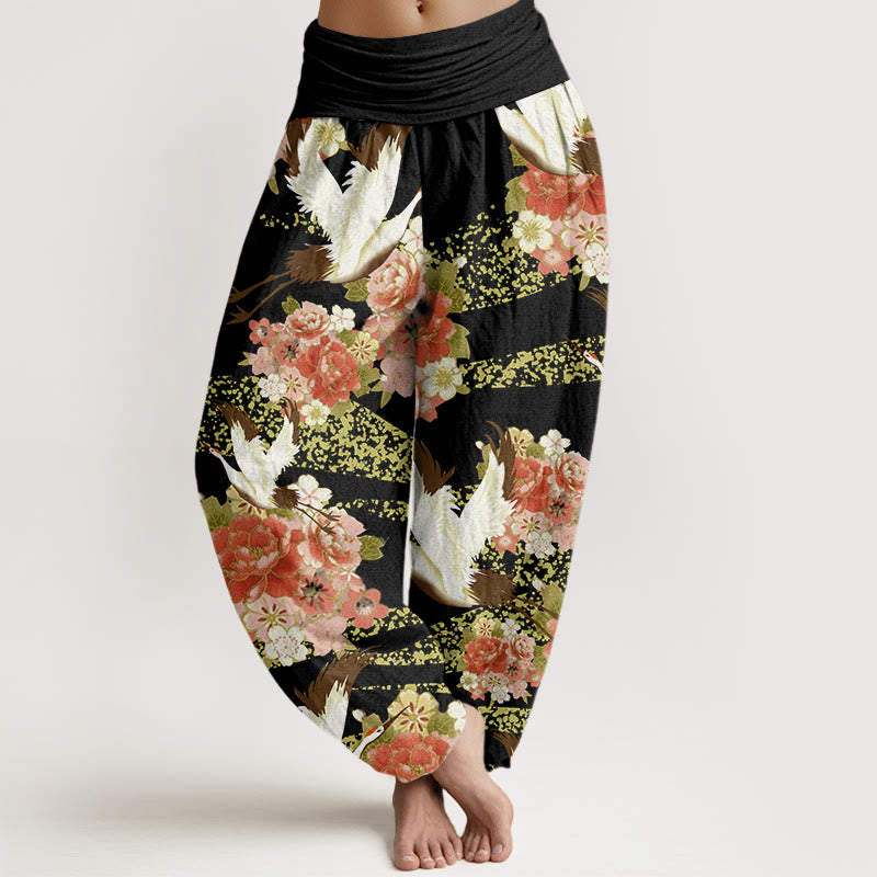 Pantaloni harem da donna con elastico in vita, motivo Buddha Stones, gru, peonia e fiori di ciliegio - Nero - US22, UK/AU26, EU54 (6XL) - image 8