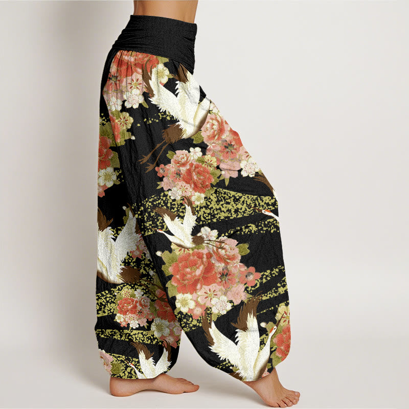 Pantaloni harem da donna con elastico in vita, motivo Buddha Stones, gru, peonia e fiori di ciliegio - image 10