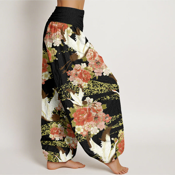 Pantaloni harem da donna con elastico in vita, motivo Buddha Stones, gru, peonia e fiori di ciliegio - image 10