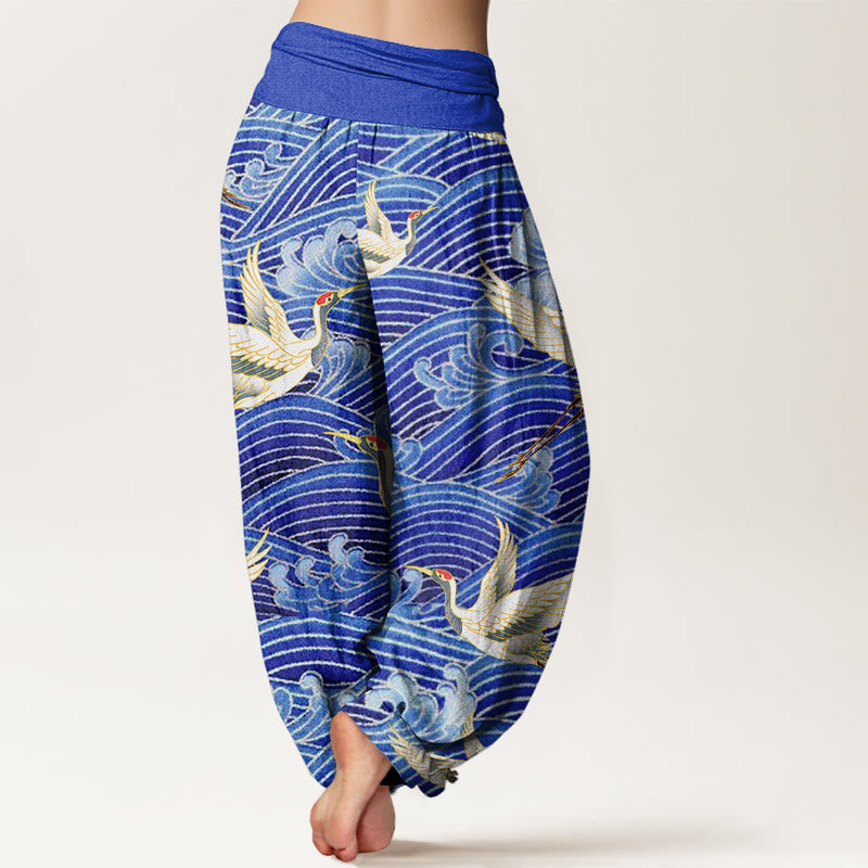 Pantaloni harem da donna con elastico in vita, motivo a onde dell'oceano e motivo a gru in cotone casual Buddha Stones - image 1